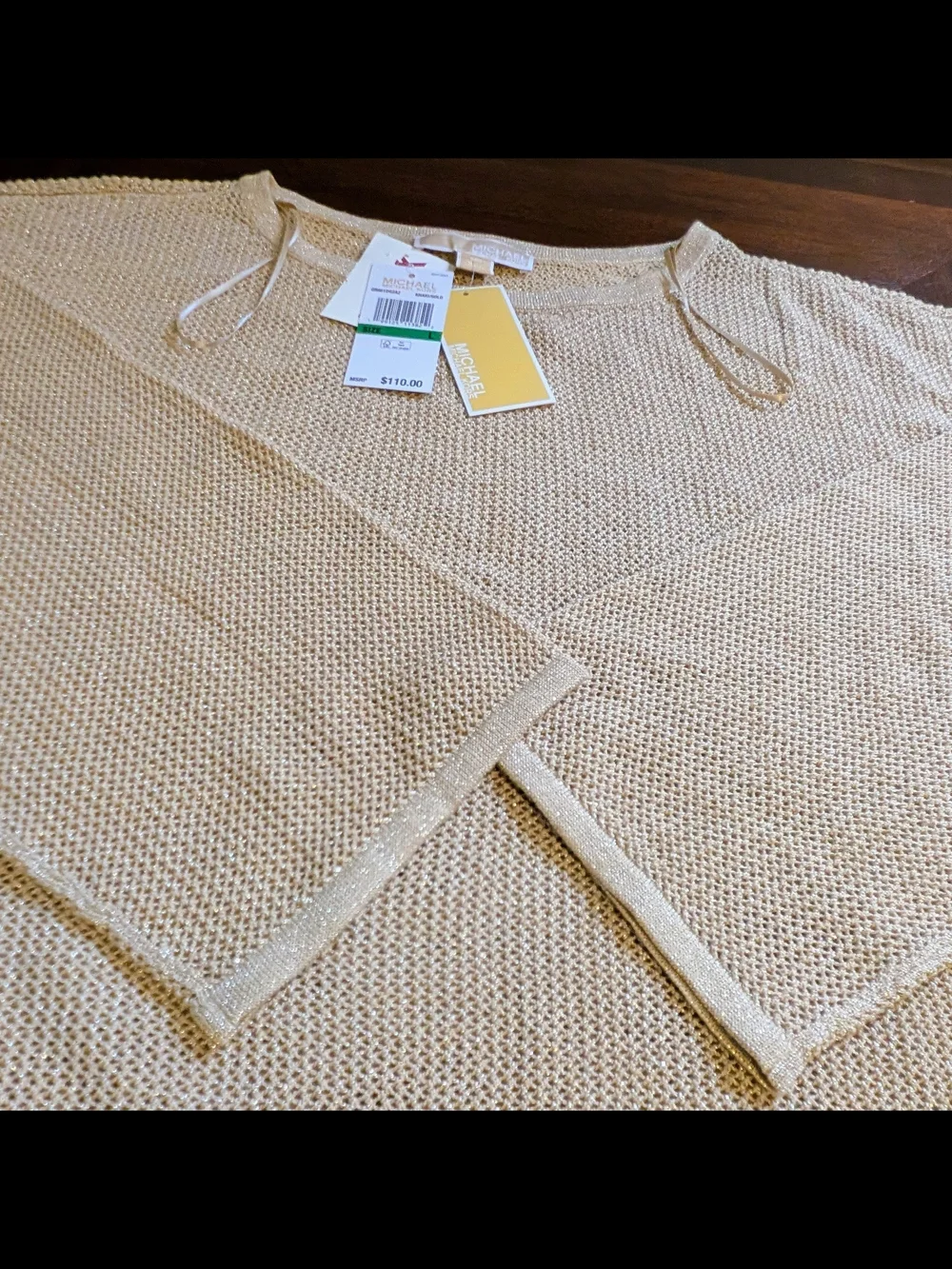 NWT Michael Kors Women's Large Beige With Gold Metallic Knit Pullover Sweater L
